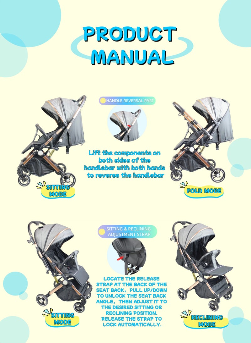 Two-way One-click Foldable Ultra Lightweight Travel Stroller with Comfortable and Shock Absorbent Multi Position Reclining Seat Adjustable Canopy Foldable Storage Basket NO.1105 - Image 4